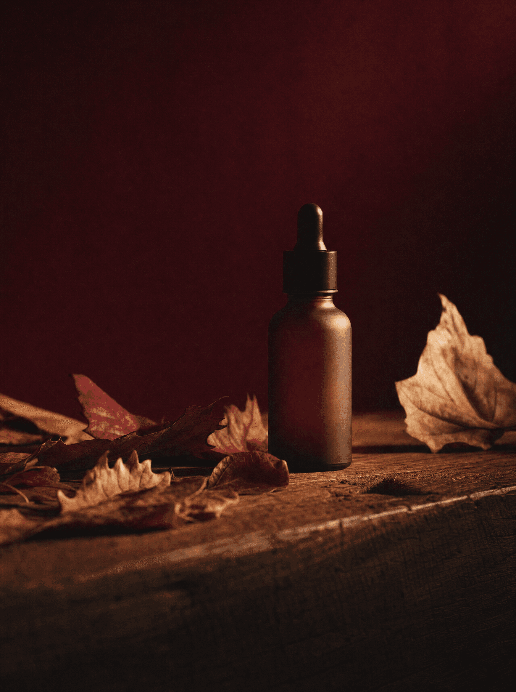 Acme Q3 cosmetic campaign — amber bottle on warm oak