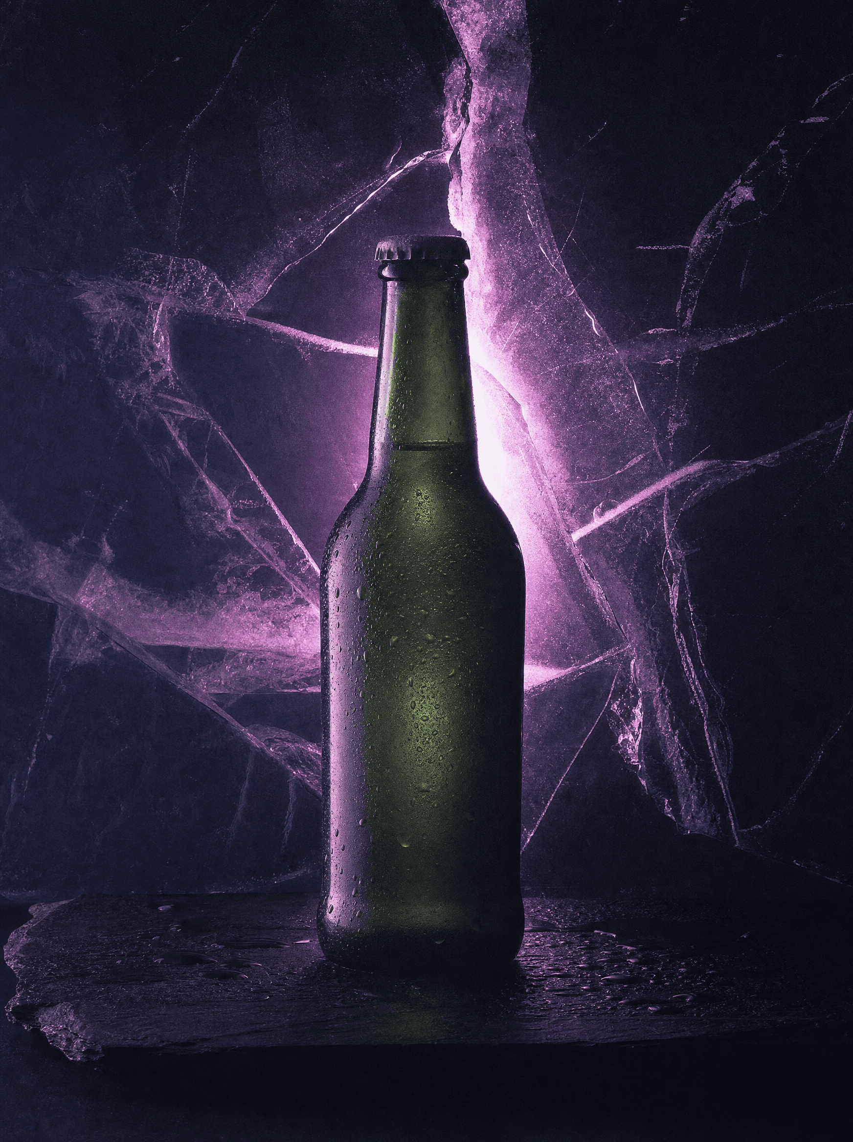 Lumen Winter beverage — frosted bottle through cracked ice