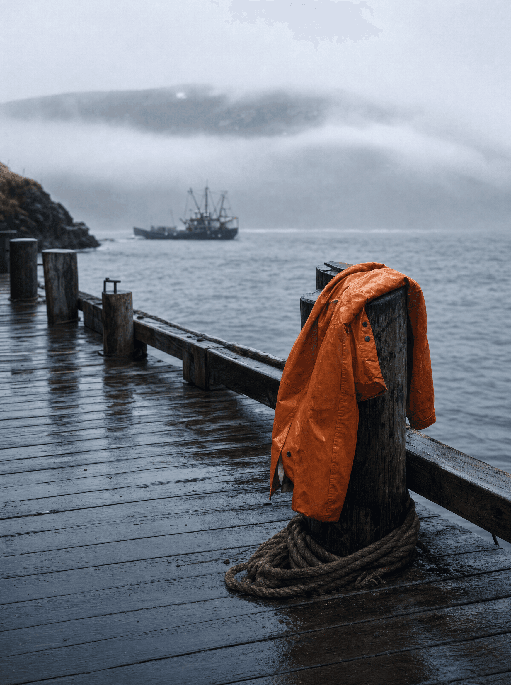 Northwind coastal — orange raincoat on jetty after rain
