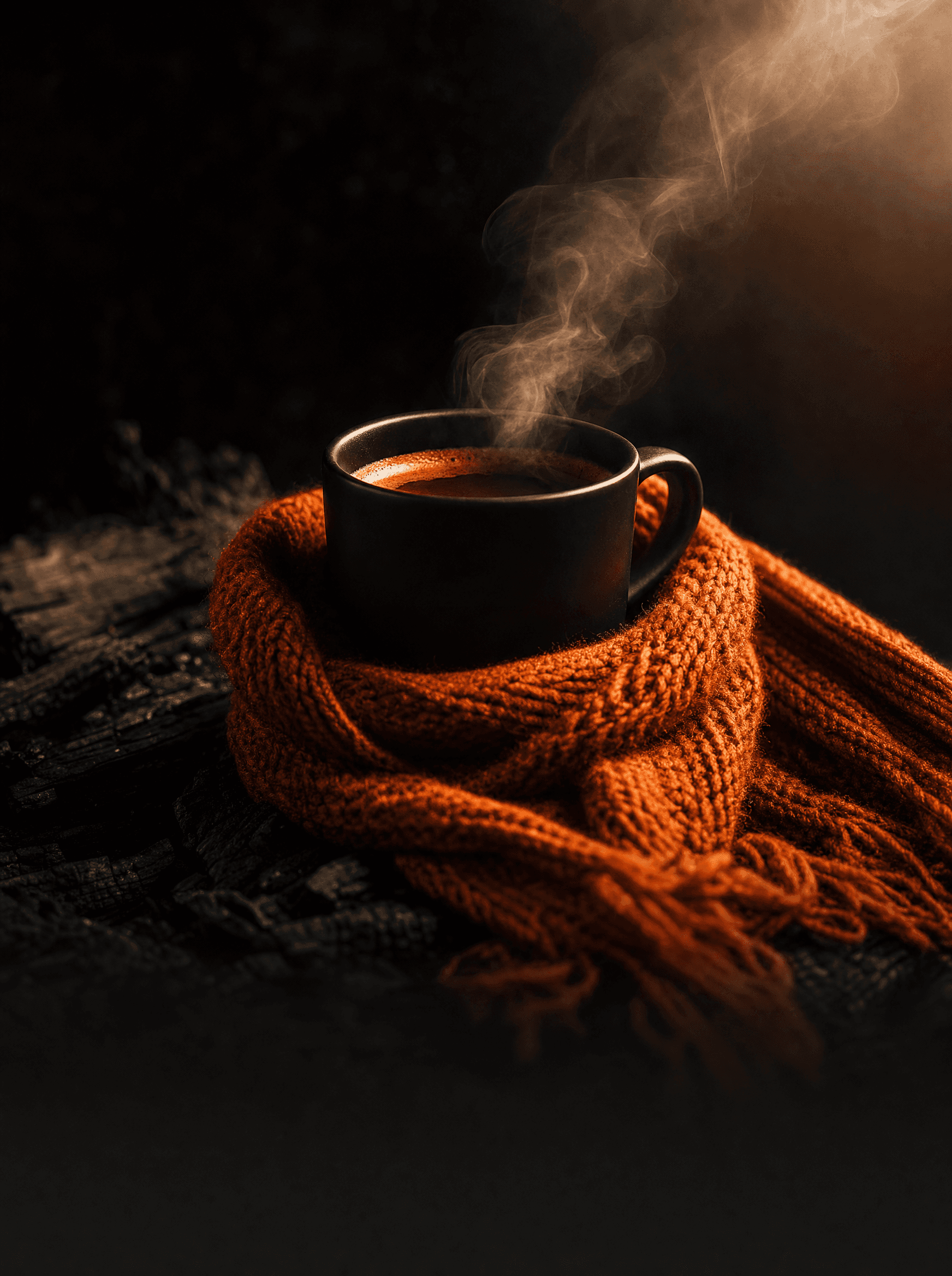 Acme Social — burnt-orange scarf around espresso mug